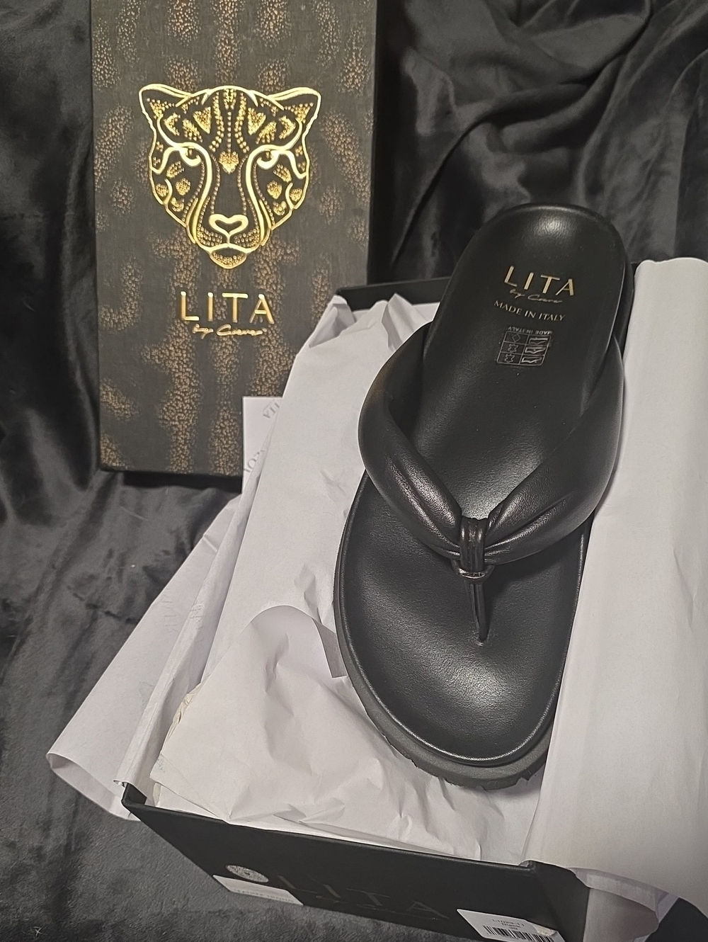Brand New In The Box Never Worn! LITA Women's Black Leather Thong Sandal